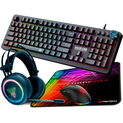 Teclado mecânico, rato, auscultadores e almofada de rato colorida com iluminação RGB e texto #GEARUPANDWIN