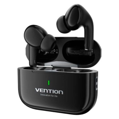 Auscultadores sem fios VENTION pretos com estojo de carregamento preto e texto branco.