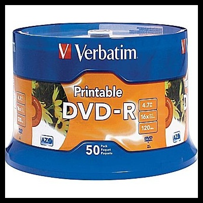 Pacote de 50 DVDs-R Verbatim imprimíveis em embalagem azul e laranja