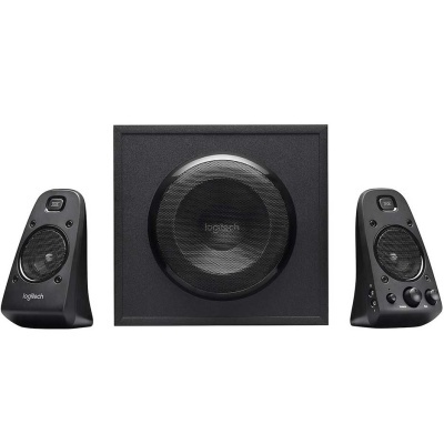Colunas Logitech pretas com subwoofer e colunas satélite