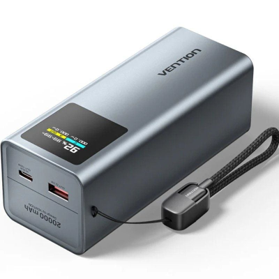 Carregador portátil cinzento metálico VENTION com ecrã digital colorido e duas portas USB