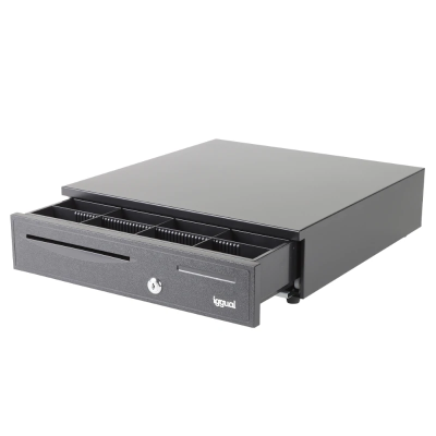 gaveta de dinheiro metálica preta com divisórias internas e fechadura