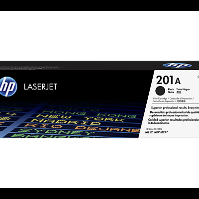 Caixa de cartucho de tinta HP LaserJet 201A preta com texto e padrão colorido