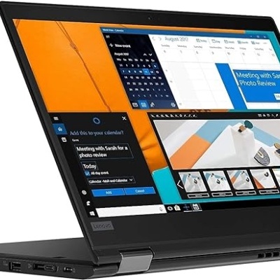 Computador portátil Lenovo preto aberto em modo tablet com várias janelas no ecrã