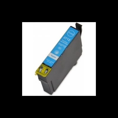 Cartucho de tinta ciano para impressora com etiqueta azul e aviso PUSH