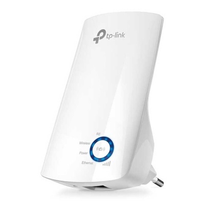 Extensor de rede sem fios TP-Link branco com indicadores LED azuis