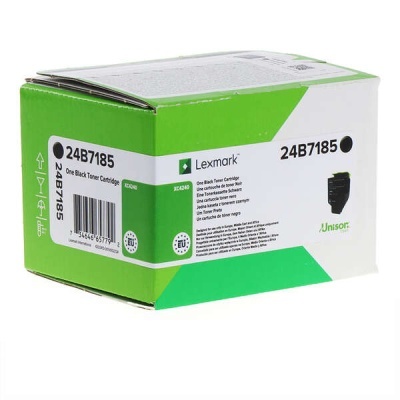 Caixa verde e branca com cartucho de toner preto Lexmark 24B7185