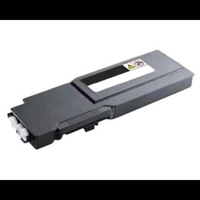 Cartucho de tinta ou toner preto com rótulo e símbolo de aviso