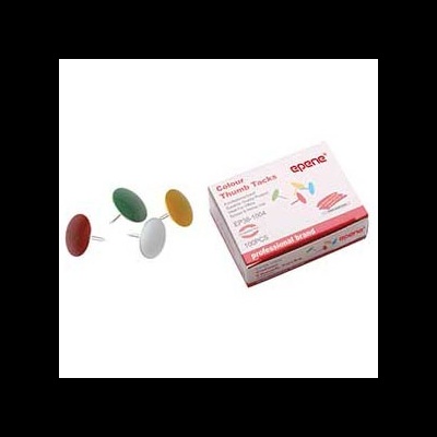 Tachinhas coloridas e embalagem branca e vermelha com texto