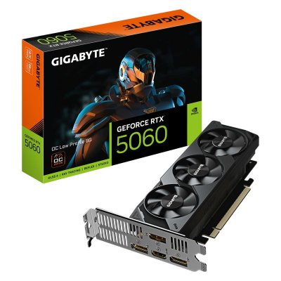 Placa gráfica GIGABYTE GeForce RTX 5060 com três ventoinhas pretas e embalagem ao fundo