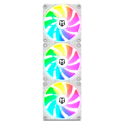 Três ventoinhas de computador brancas com iluminação LED colorida