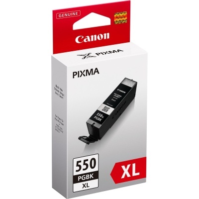 Cartucho de tinta preto Canon PIXMA modelo PGI-550XL em embalagem branca e vermelha