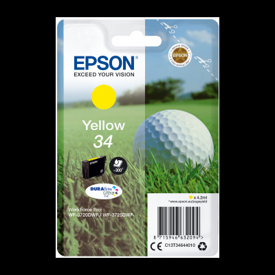 Cartucho de tinta Epson amarelo 34 para impressora em embalagem com imagem de bola de golfe no campo.