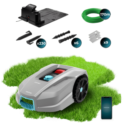 Robô cortador de relva cinza com acessórios e smartphone