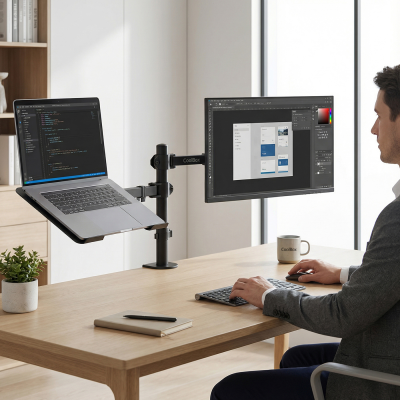 Suporte de secretária com computador portátil e monitor duplo em escritório moderno