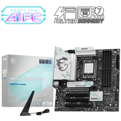 Placa-mãe MSI B660M GAMING PLUS WIFI, antena WiFi e caixa