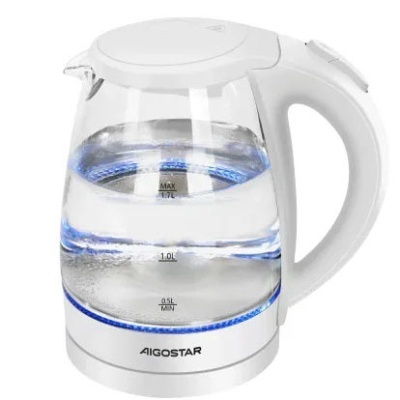Chaleira elétrica de vidro transparente com base e alça branca, luz azul e marca AIGOSTAR.