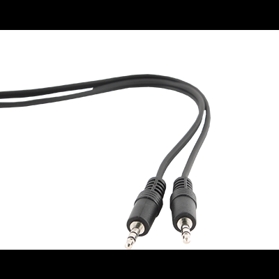 Cabo com duas fichas de áudio jack pretas de 3,5 mm em fundo branco