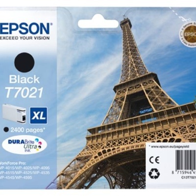 Cartucho de tinta preto Epson T7021 XL com imagem da Torre Eiffel e informações na embalagem
