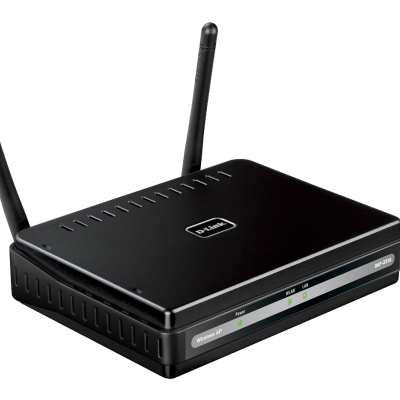 Router sem fios D-Link preto com duas antenas e luzes LED