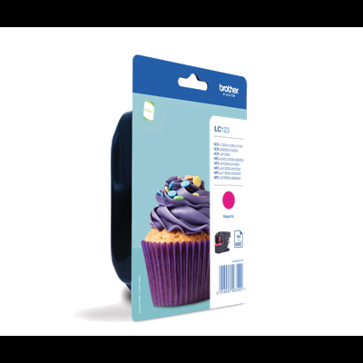 Embalagem azul de cartucho de tinta Brother LC980 com imagem de cupcake roxo