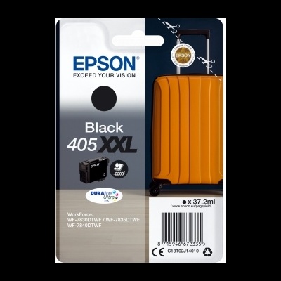 Cartucho de tinta Epson 405 XXL preto em embalagem com fundo cinzento e branco