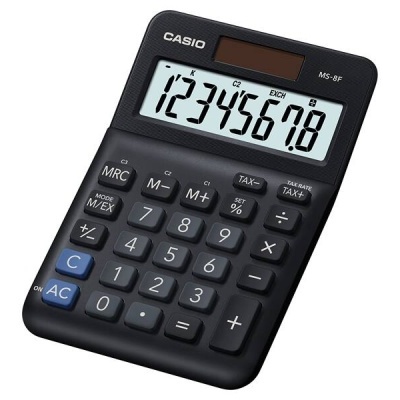 Calculadora preta CASIO MS-8F com números no visor e botões coloridos