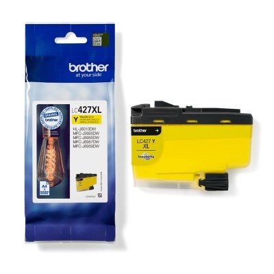 Cartucho de tinta Brother LC427XL amarelo e sua embalagem azul e branca