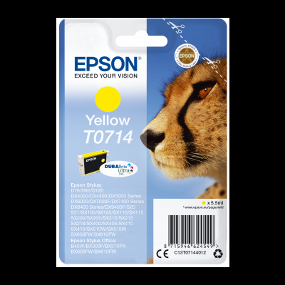 Cartucho de tinta Epson amarelo T0714 com imagem de guepardo em fundo azul