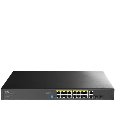 Switch de rede preto de 16 portas com indicadores LED e portas RJ45 e SFP