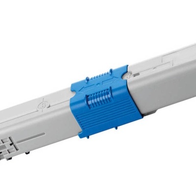 Cartucho de toner cinzento com parte azul em fundo branco