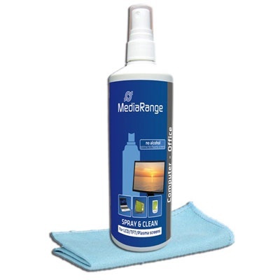 Frasco de spray de limpeza MediaRange com pano de microfibra azul