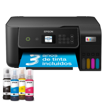 Impressora Epson preta com tinteiros coloridos e texto 3 anos de tinta incluídos