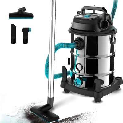 Aspirador industrial em aço inoxidável com acessórios pretos e azul-turquesa