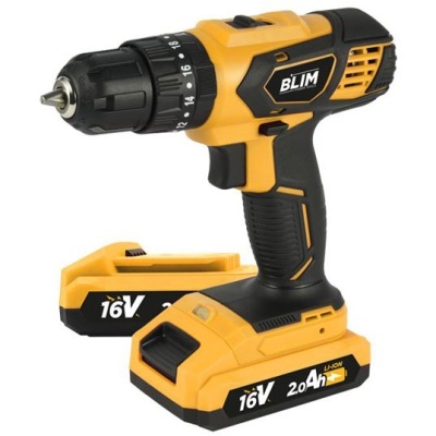 Berbequim elétrico amarelo e preto com bateria 16V 2.0Ah Li-ion