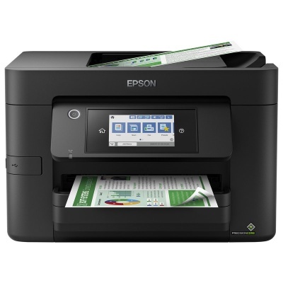 Impressora Epson preta com ecrã tátil a cores a imprimir documentos
