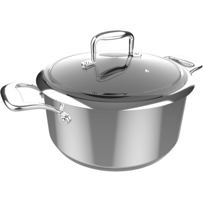 Caçarola de inox prateada com tampa e duas pegas laterais