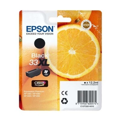 Cartucho de tinta Epson 33XL preto com embalagem laranja e texto