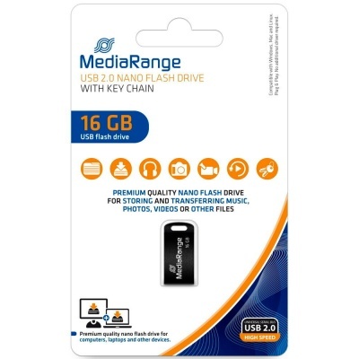 Pen USB MediaRange 16GB preto com embalagem branca azul e laranja