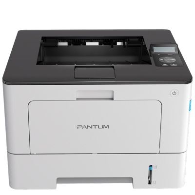 Impressora Pantum cinza claro e preta vista de frente.