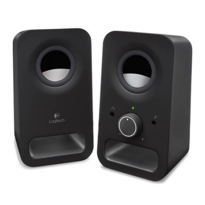 Colunas de som Logitech pretas com controlo de volume e indicador LED