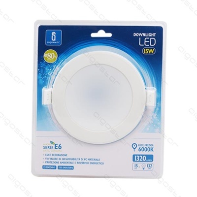 Luminária LED de embutir redonda branca em embalagem azul