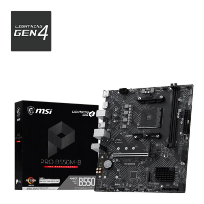 Placa-mãe MSI PRO B550M-B e embalagem preta com texto e logos