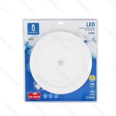 Lâmpada LED redonda de teto com sensor PIR em embalagem azul e branca