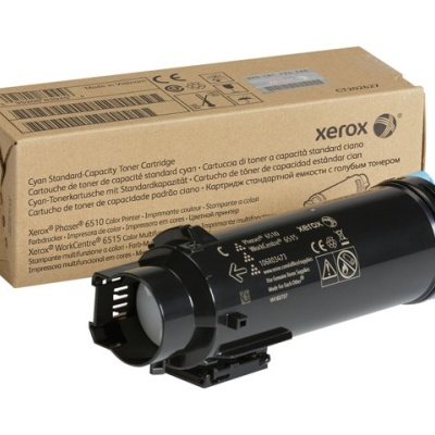 Cartucho de toner ciano Xerox com embalagem castanha e texto.