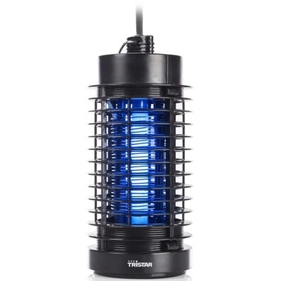 Lâmpada eletrónica mata-insetos com luz azul e estrutura preto em rede metálica