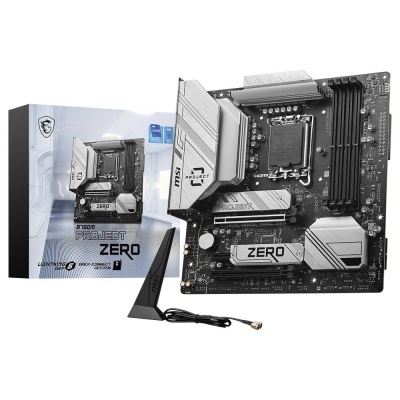 Placa-mãe MSI B760M Project Zero com dissipadores cinza e texto visível em ambiente branco