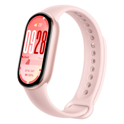 Smartwatch cor-de-rosa claro com ecrã digital oval a mostrar várias informações