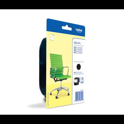 Embalagem com fita preta e imagem de cadeira de escritório verde