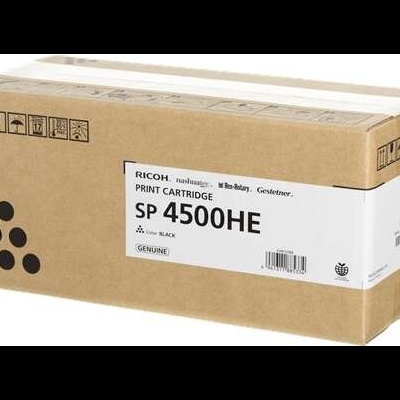Caixa castanha de cartão com etiqueta branca para cartucho de impressão Ricoh SP 4500HE